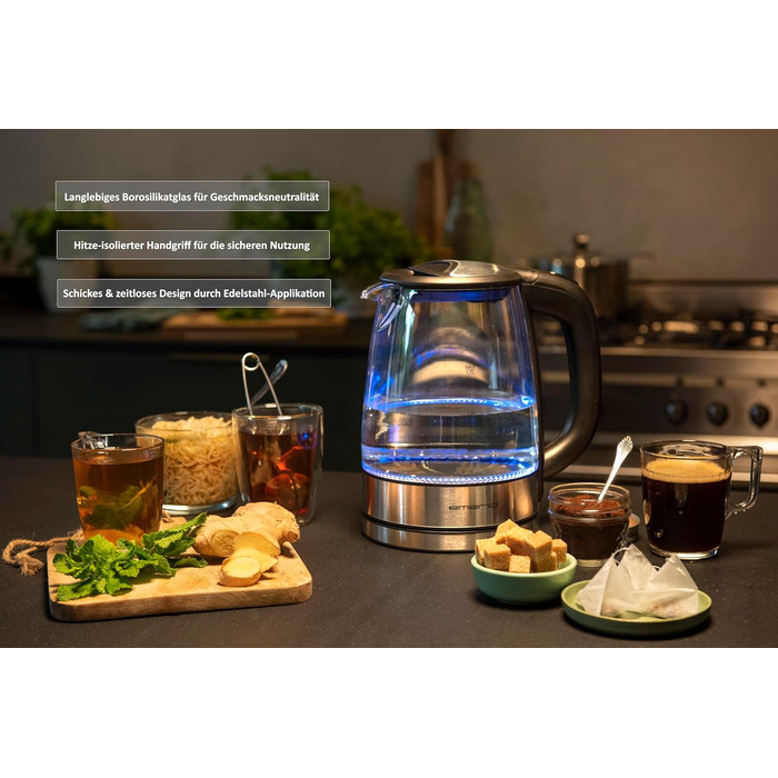 Скляний чайник EMERIO ємністю 1,7 л 2200 Вт синє світлодіодне внутрішнє освітлення підставка на 360 Переможець тесту Ціна/якість д