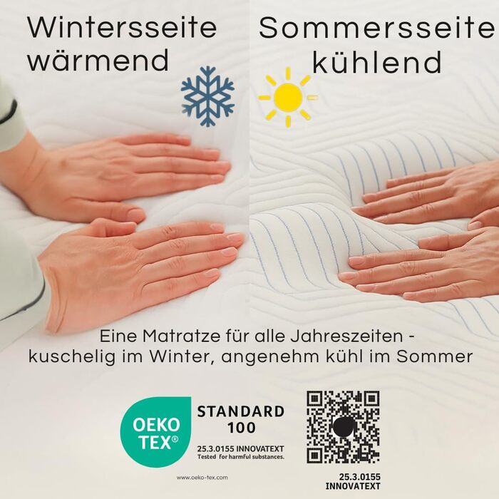 Зонний пружинний матрац кишенькової форми 90x200 см висота 18 см, універсальний, точково-еластичний та повітропроникний, літня/зимова сторона, знімний чохол, який можна прати (60C), сертифікований 90 x 200 см, 7-