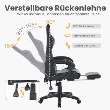 Ергономічне шкіряне ігрове крісло з поворотом на 360, регульоване по висоті офісне крісло з підставкою для ніг, підголівником та поперековою опорою, гоночний дизайн, для офісу та ігор, чорне, 64,5x52x116,5 см