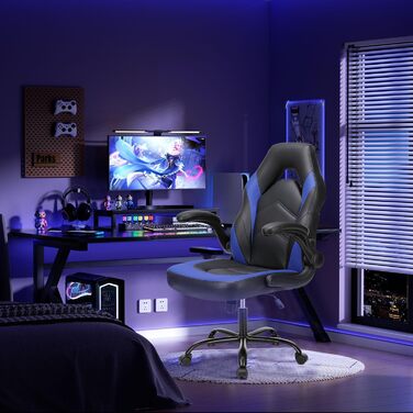 Ергономічне ігрове крісло зі складними підлокітниками, регульована висота (107-116 см), поворот на 360, штучна шкіра, тихі колеса, складні підлокітники, офісне крісло для ігор та домашнього офісу, синього кольору