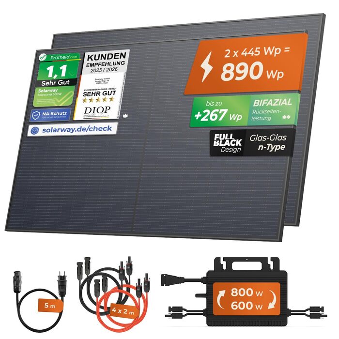 Балконна електростанція Solarway 890 Вт із сонячними модулями потужністю 890 Вт Комплект з інвертором Hoymiles HMS-800W-2T 2 445 Вт двосторонні чорні сонячні панелі Міні-фотоелектрична система для розетки, включаючи аксесуари