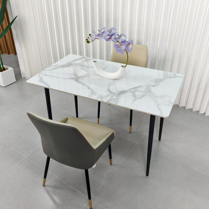 Мармуровий обідній стіл FATIVO 120x70 см, невеликий кухонний стіл для 4 осіб, вузький обідній стіл, простий стіл для вітальні, білий глянцевий, скандинавський стиль, столи для їдальні, ресторану, металеві ніжки, 1207076 см, білий