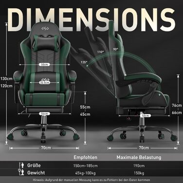 Ігрове крісло з функцією масажу, ергономічне ігрове крісло, гоночне ігрове крісло з підставкою для ніг, підголівником та масажною поперековою подушкою, м&39яке комп&39ютерне крісло, вантажопідйомність 150 кг, чорно-зелене