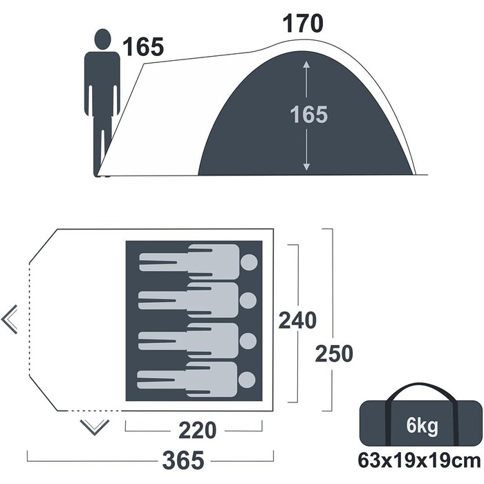 Намет Cetona 4 особи 170 см Купольний намет Вітальня Бічний вхід Висота над головою Водонепроникний 3000 мм Синій сірий