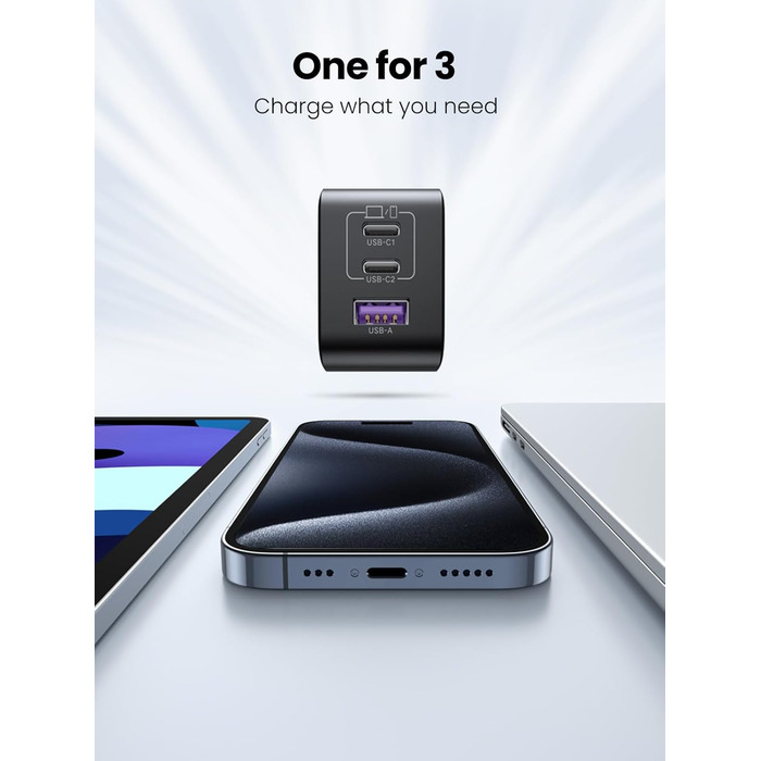 Зарядний пристрій 65 Вт GaN Зарядний пристрій 3-Port PD Блок живлення 60 Вт PPS сумісний з MacBook Pro/Air, iPhone 16 Pro Max/16/1