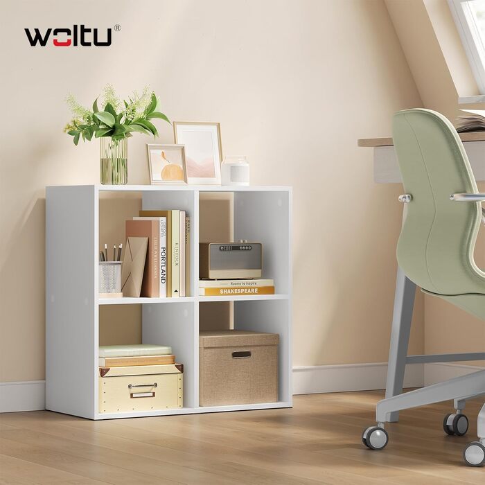 Книжкова полиця WOLTU, кубічна полиця з 4 відкритими відділеннями, маленька біла полиця, окремостояча полиця, полиця для файлів, офісна полиця, вітальня/кабінет, 60x60x29 см SK053ws 4 відділення (29Г x 60Ш x 60В см) білий