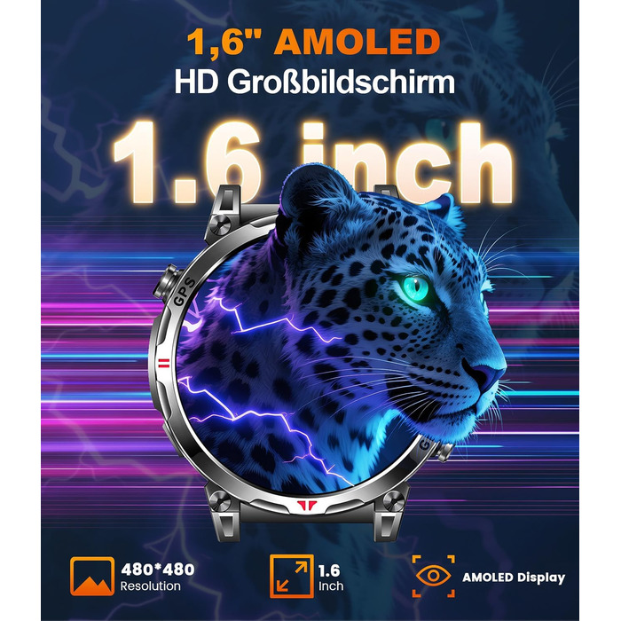 Військовий смарт-годинник для чоловіків, спортивний GPS-годинник з 1,6-дюймовим AMOLED HD-дисплеєм, функціями телефону/чату/GPT/AI/5 спортивних режимів GPS/100 спортивних режимів, фітнес-годинник для Android та iOS (чорний)