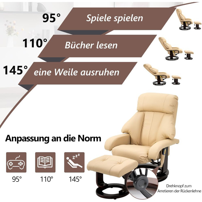 Крісло-реклама Mingone з функцією відкидання, електричне крісло для телевізора з підставкою для ніг, масажне крісло з функцією підігріву, крісло для телевізора для вітальні, поворотне на 360, штучна шкіра, бежевий