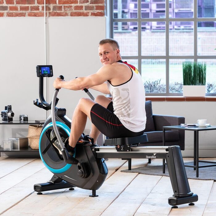Домашній веслувальний тренажер Skandika Nordlys Автентичне відчуття веслування завдяки поворотним важелям на кулькових підшипниках, складаний, магнітний опір, 16 рівнів, 21 програма тренувань, Bluetooth, додаток Kinomap, веслувальний тренажер