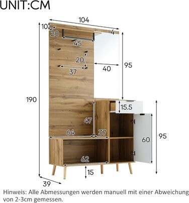 Шафа для одягу Ymkua настінна, шафа для передпокою з лавкою для взуття, дзеркалом і тумбою для взуття, шафа для одягу з 4 гачками