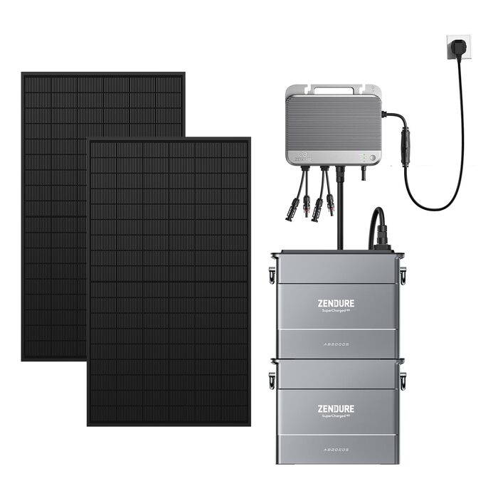 Балконна електростанція Zendure з накопичувачем, SF 800 з сонячним входом 1200 Вт, вхід/вихід змінного струму 800 Вт, низька освітленість, TOU, APP, 2 AB2000S ємністю 3840 Втгод, 430 Вт x2 двосторонні сонячні панелі 860 Вт з 3840 Втгод