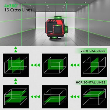 Рядковий лазерний нівелір, самовирівнювання 4x360, 4D зелений перехресний телефон і пульт дистанційного керування для будівництва 2 батарейки, червоний пульт дистанційного керування, 16-