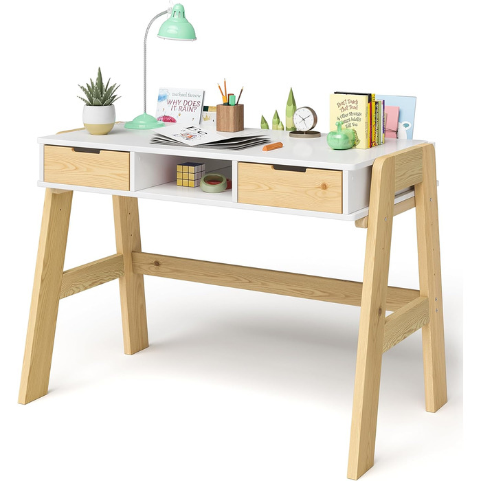Дитячий письмовий стіл Bellabino Campo регульований по висоті з дерева в білому/натуральному кольорі з 2 шухлядами, 1 полицею і 3