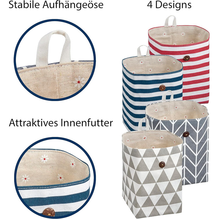 Підвісний кошик для зберігання - комплект з 4 шт. - тканинні кошики з підкладкою - ідеальний кошик для домашнього офісу, коридору, ванної кімнати, органайзер для кемпінгу - 12 x 12 x 17 см (Д x Ш x В)