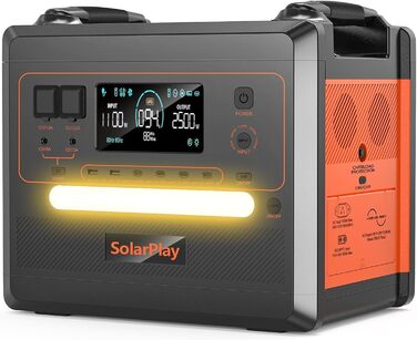 Портативна електростанція SolarPlay Q2402M, сонячний генератор з літій-іонним акумулятором ємністю 2304 Втгод, з 2 виходами змінного струму потужністю 2500 Вт (пік 5000 Вт), ДБЖ, макс. сонячна зарядка 500 Вт, електростанція для кемпінгу, автофургонів, дом