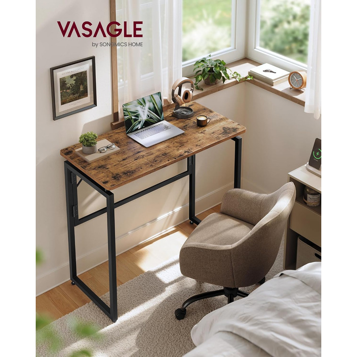 Складаний стіл, Невеликий складаний стіл, Комп&39ютерний стіл, Цільна стільниця, Закруглені кути, Стіл для домашнього офісу, Спальня, 80 x 40 см, Вінтажний коричневий LWD151KD01 80 x 40 см Вінтажний коричневий