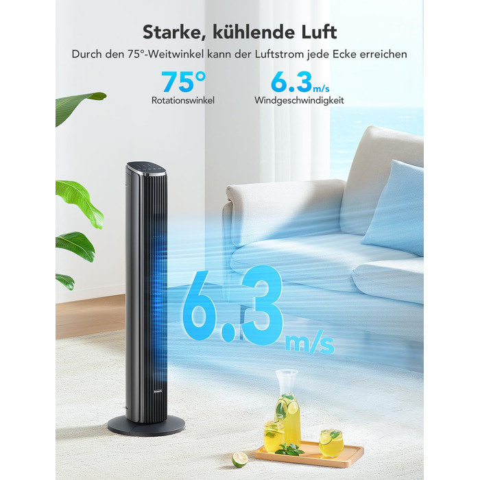 Інтелектуальний безшумний баштовий вентилятор GoveeLife, вентилятори, що обертаються на 75, з додатком і голосовим пультом дистанц