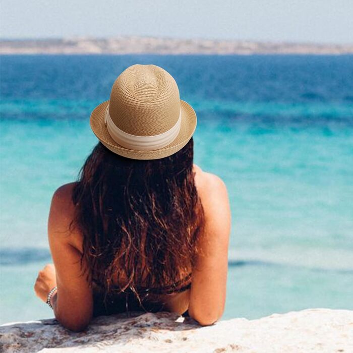 Жіноча панама, широкі козирки, солом&39яний літній капелюх-федора, солом&39яний капелюх-згорток, пляжний капелюх-згорток із УФ-захистом, короткі козирки, колір хакі з бежевим поясом