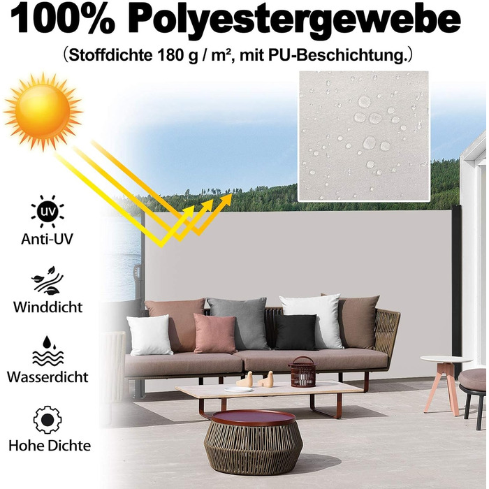 Розсувний бічний тент для балкону, сонцезахисний навіс, екран для забезпечення приватності, водонепроникний та вітронепроникний, виготовлений з поліестеру, для саду, патіо, дитячих майданчиків та кемпінгу (200x600 см, сірий) 200x600 см сірий