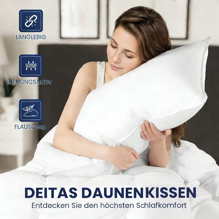 Пухова подушка DEITAS - 3-камерний дизайн для оптимальної підтримки шиї, м&39який та дихаючий чохол зі 100 бавовни, подушка для ліжка ідеально підходить для алергіків та дітей (Біла, 80x80 см ()) Біла 80x80 см ()