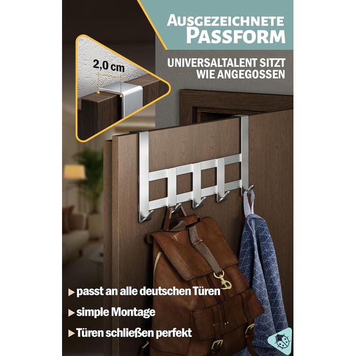 Вішалка для верхнього одягу Menz Premium, 5 гачків - Вішалка для верхнього одягу з нержавіючої сталі, надзвичайно міцні дверні гач