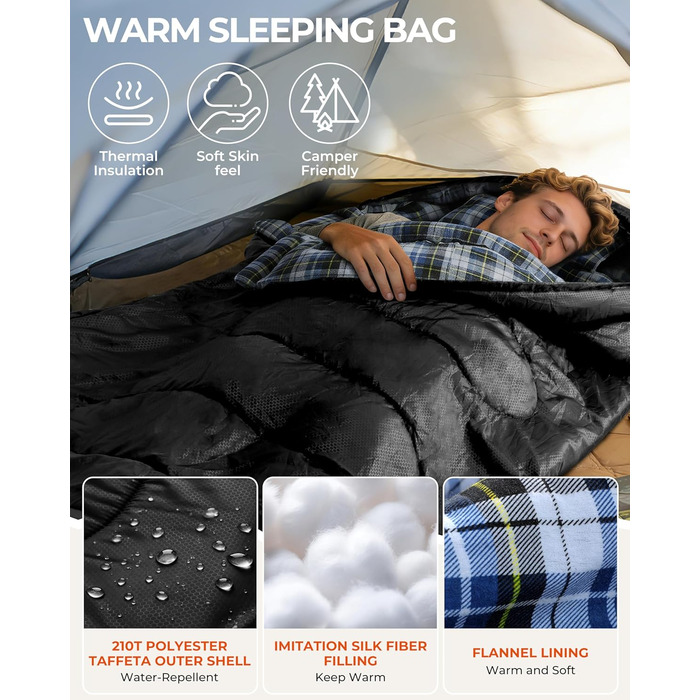 Спальний мішок Sportneer для активного відпочинку - Фланелевий зимовий спальний мішок 220 x 85 см, Компактний спальний мішок-ковдра на 3-4 сезони, Холодна погода, Зимовий кемпінг на свіжому повітрі, Чорний