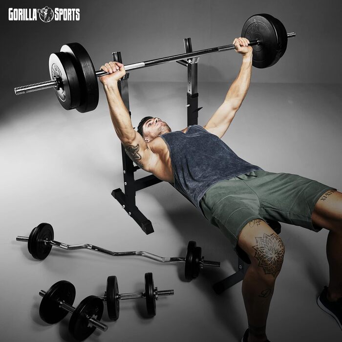 Силова лава GORILLA SPORTS - вкл. комплект штанг 38/70/100 кг, стійка, станція для віджимань, регульована висота, складна, до 200 кг, чорно-біла - тренувальна лава з комплектом штанг, лава для жиму, похила лава, плоска лава e) Чорний 100 кг