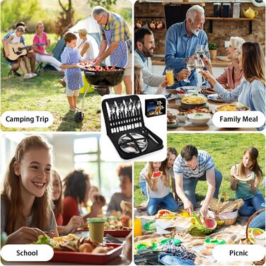 Набір посуду для кемпінгу для 4 осіб, 20 предметів, набір столових приборів для кемпінгу, нержавіюча сталь, з ложкою, виделкою, ножем, тарілкою та затискачем для кемпінгу, пікніків та подорожей, сріблястого кольору