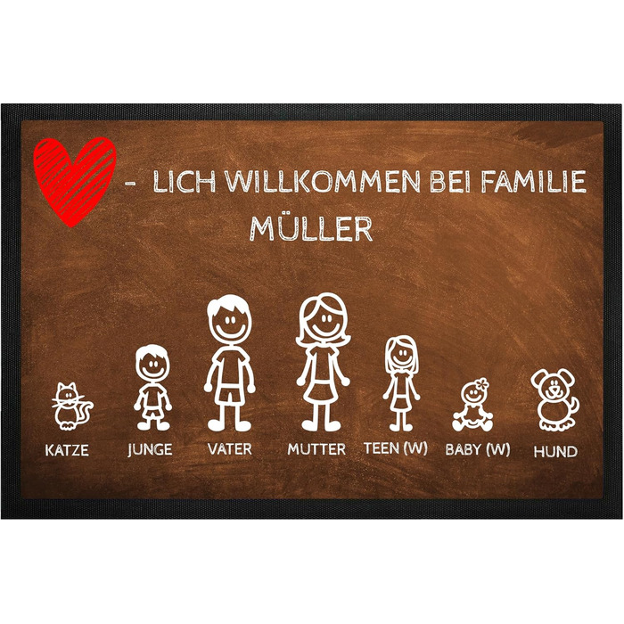 Персоналізований килимок для родини та собаки 60x40 см з іменем, сімейними фігурками та мотивом собаки нековзний, легко чиститься для вхідних дверей, подарунок на новосілля 40 x 60 см (прямокутний)