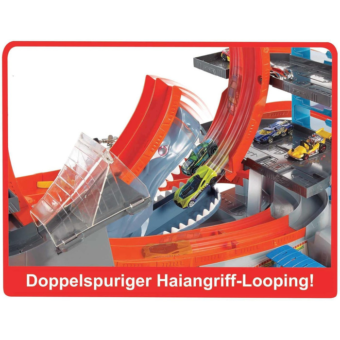 Гараж, Hot Wheels Гараж акули, вкл. 2 іграшкові машинки, з гоночним треком, петляючими доріжками, іграшковим підйомником і місцем