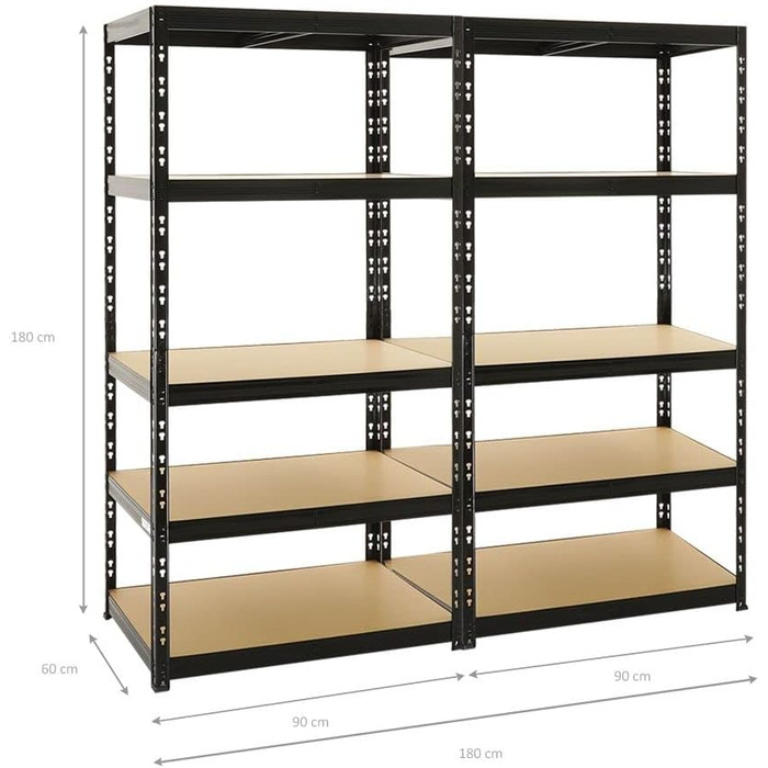 Міцний стелаж Tiger Black 180x90x60 см з вантажопідйомністю 265 кг Стелажі для гаража, підвалу, майстерні, зберігання, безболтовий стелаж, комплект з 2 предметів Глибина 60 см, 2 шт.