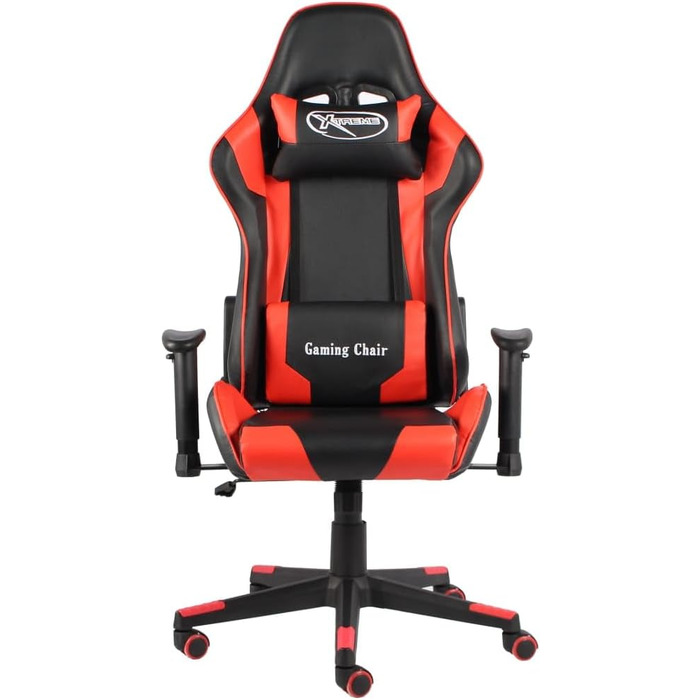 Ергономічне поворотне ігрове крісло, червоне ПВХ з 2 додатковими подушками, регульоване по висоті офісне крісло з високою спинкою та колесами для домашнього офісу та кіберспорту, 68 x 69 x 123-133 см, червоне