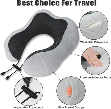 FANHOMAS Neck Pillow Airplane, Travel Pillow Memory Foam, U-shaped Travel Neck Pillow Neck Pillow Adults with Sleep Mask and Earplags Bring Along for Airplane Car Office - Grey (Gray), FANHOMAS Neck Pillow Airplane, Travel Pillow Memory Foam, U-shaped Tra