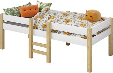 Дитяче ліжко Bellabino Aspy 90x200 см Двоярусне ліжко з поручнями та рейковою основою Ліжко середнього класу з драбиною з масиву сосни білого/натурального кольору Дитяче ліжко для хлопчиків та дівчаток без матраца білого кольору - Без шухляд