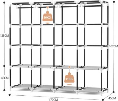 Шафа, розкладна шафа, 170*45*167 см, тканинна шафа з міцною вішалкою для одягу, з кришкою, 4 полицями для зберігання речей та 4 вішалками для одягу, текстильна шафа для спальні/підвалу (чорна)