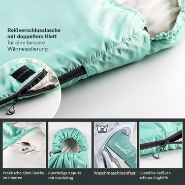 Спальний мішок Skandika Skye Blanket Спальний мішок на 3 сезони з подушкою, що з&39єднується, 220 x 75 см, наповнювач з мікрофібри 250 г/м, внутрішня кишеня, можна прати Спальні мішки для вулиці, блакитного кольору Застібка-блискавка зліва