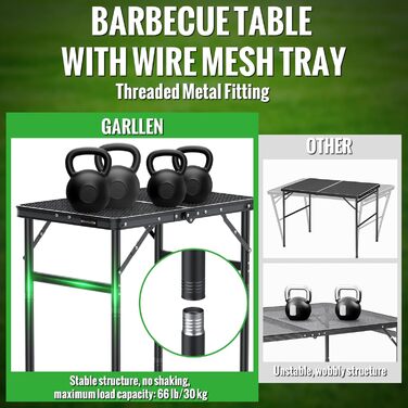 Складаний стіл-гриль GARLLEN, 60x40 см та 3 регульовані висоти (27/51/75 см), легкий та портативний, складаний стіл, кемпінговий стіл, бічний столик, садовий стіл, стіл для пікніка, невеликий стіл-гриль для кемпінгу, чорний, 60 x 40 x 27/51/75 см