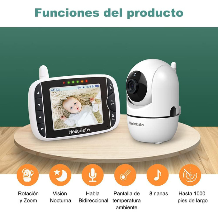 Монітор HelloBaby з камерою HB65, 3,2-дюймовий дисплей, радіоняня, кут огляду 360 градусів, дитяча камера з дистанційним керування