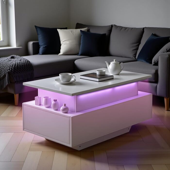 Журнальний столик з регульованою висотою, глянцевий стіл для вітальні зі світлодіодним підсвічуванням, відкритою полицею для демонстрації та 2 шухлядами, сучасний, 85 x 50 x 45 см, білий