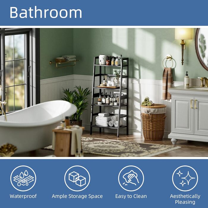 Чорна полиця-драбина HITNET, бамбукова книжкова полиця з 4 ярусами, окремостояча підставка для рослин, що економить місце, для спальні, ванної кімнати, балкона