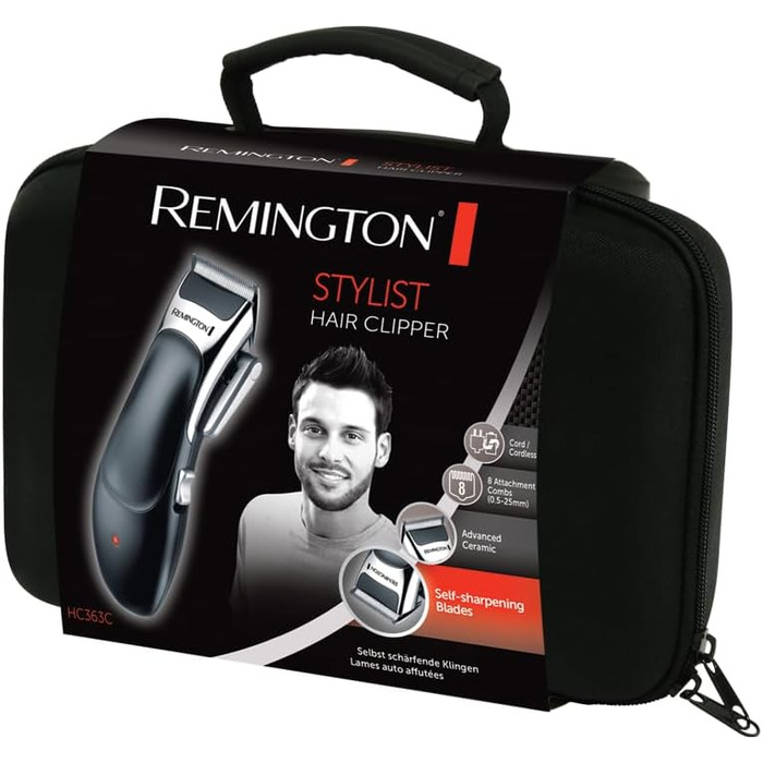 Професійна машинка для стрижки волосся Remington самозаточувальна. Керамічні леза з важелем регулювання/0,5-25 мм Комплект машинки для стрижки волосся (8 насадок-гребінців, робота від мережі/акумулятора, літієва батарея, професійний кейс з перукарськими а
