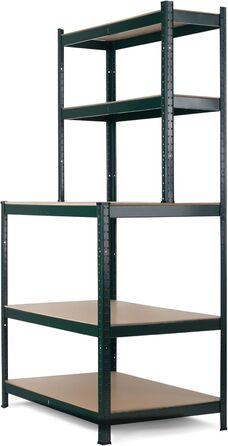 Полиця для робочого столу Stagecaptain WBR-175 SR - Міцна полиця з робочим столом - Полиця для зберігання в майстерні, підвалі, коморі - 5 полиць на 2 глибини - Надзвичайно стійка робоча поверхня висотою 97 см - Зелена