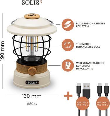 Кемпінговий ліхтар Castra Camping Gear Solis 3, акумуляторна батарея 8000mAh з інтегрованим павербанком, світло з регулюванням яскравості, водонепроникний вуличний світлодіодний ліхтар IP44, світло для походів (кремово-білий (ефект дерева))