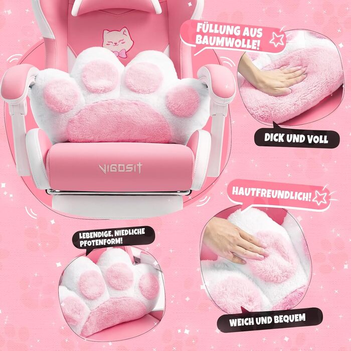 Миле ігрове крісло з поперековою подушкою у формі котячої лапи та котячими вушками, ергономічне ігрове крісло з підставкою для ніг, регульоване ігрове крісло для ПК для дівчаток, підлітків, дітей, рожеве