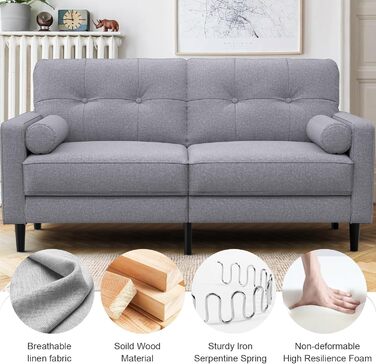 Місний диван, сучасний дизайн з товстими подушками, 2 подушки, зручний лляний диван з 2 відділеннями для зберігання речей для вітальні/спальні/офісу, легко збирається невеликий предмет меблів, класичний сірий, 2-