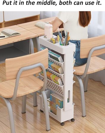 Мобільна книжкова полиця для класу біля столу, 5-ярусний візок на колесах, органайзер для столу, підставка для книг та журналів, вузький візок для зберігання речей у домашній бібліотеці