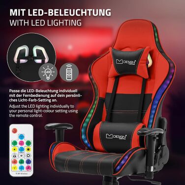 Ігрове крісло ML-Design із RGB-світлодіодним підсвічуванням та Bluetooth-динаміками, червоне, штучна шкіра, ергономічне офісне крісло, висока спинка, підголівник, поперекова підтримка, поворотне та регульоване, гоночне ігрове крісло