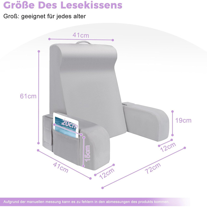 Подушка для читання Babenest зі знімними підлокітниками, зручна та легка подушка для спини ліжка та дивана, спинка сидіння з оксамитом, що миється, для читання, ігор або перегляду телевізора (модель L-діапазону)