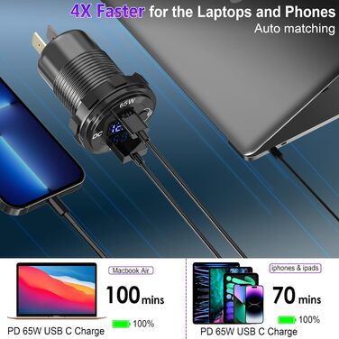 Вт Металева розетка USB C PD 12В автомобільна USB-розетка типу C Вбудована розетка Водонепроникний автомобільний адаптер 12 вольт