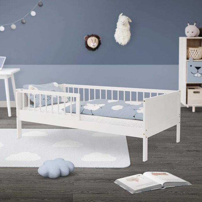 Дитяче ліжко ML-Design 80x160 см, біле, односпальне ліжко для дітей з рейковою основою та захисними поручнями, дитяче ліжко з сосни, дерев&39яне ліжко, каркас ліжка для хлопчиків та дівчаток, дитяче ліжечко з масиву дерева, ліжечко для малюків 80 x 160 см